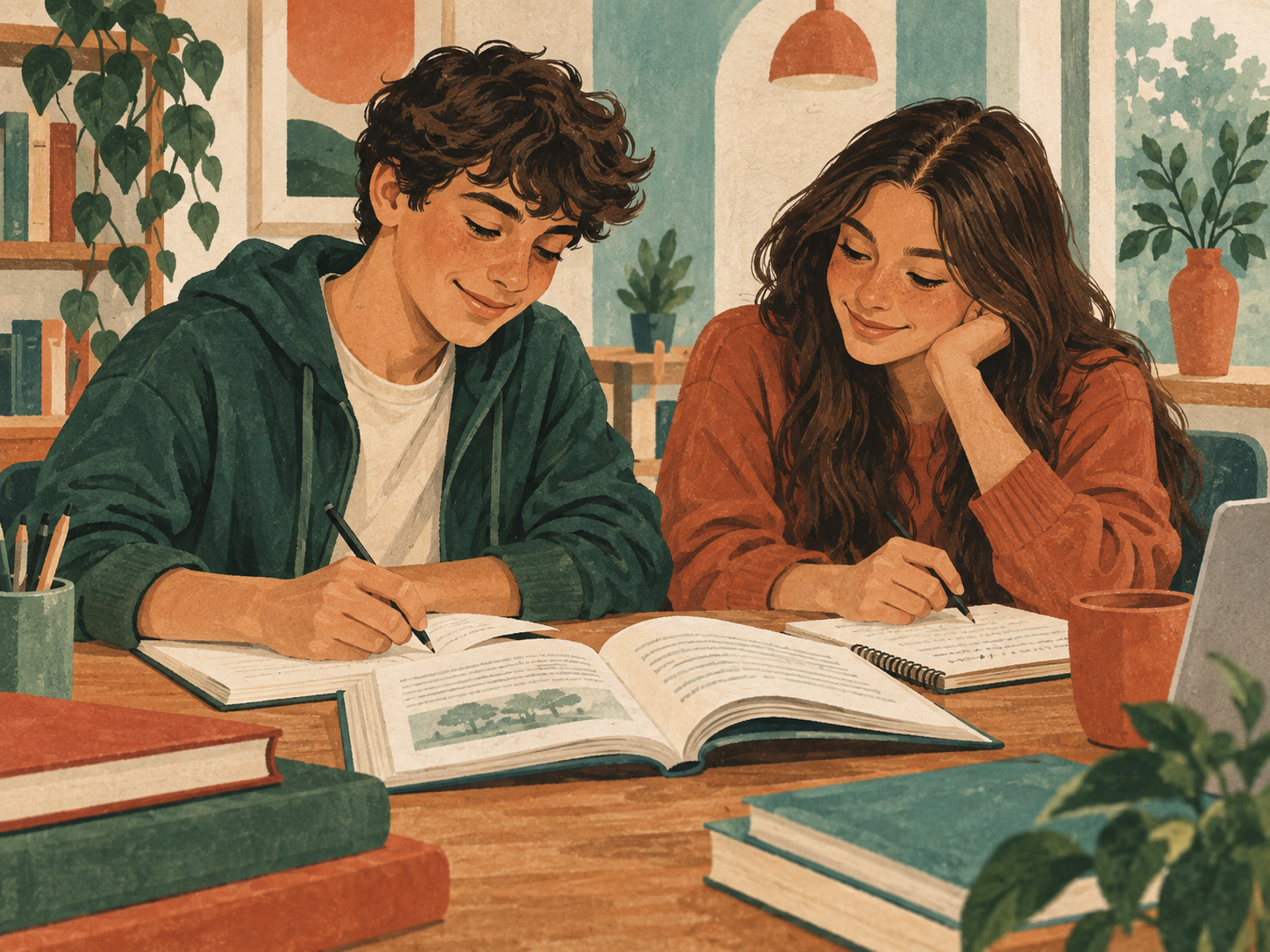 Ilustração de dois jovens a estudar em conjunto, com livros e apontamentos